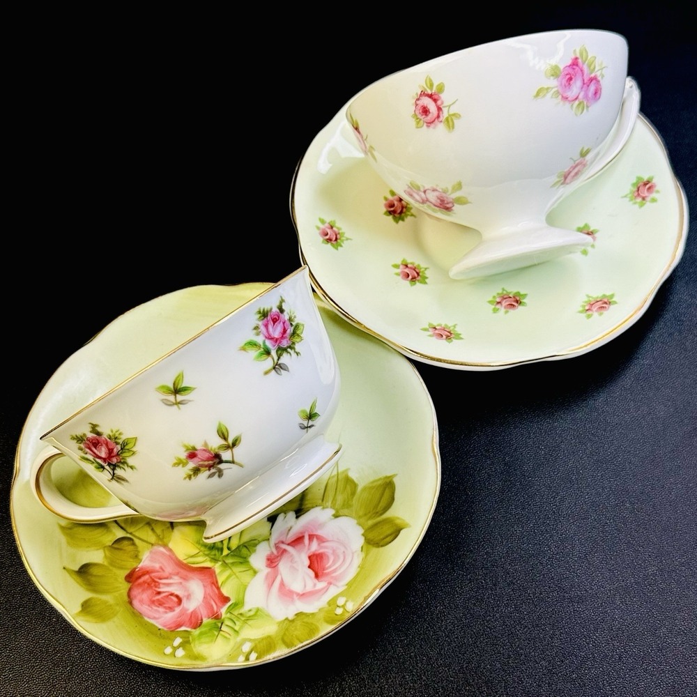 Mismatched‎ Tea Cups & Saucers Set Of 2 Vtg Bone China Pink Roses Green Floral